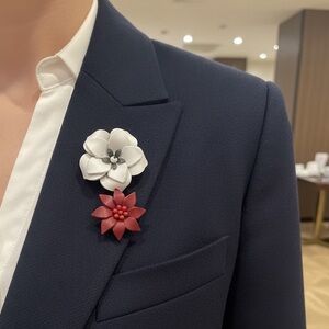 Set of Two Leather Brooches White and Burgundy Vintage